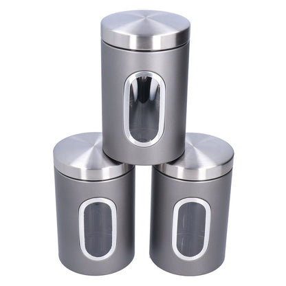 3Pcs Storage Jar Stainless Steel Food Tea Nut Container with Window Durable and Large Capacity for KitchenGrey