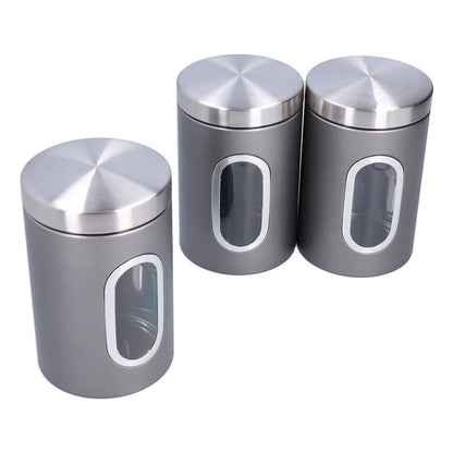 3Pcs Storage Jar Stainless Steel Food Tea Nut Container with Window Durable and Large Capacity for KitchenGrey
