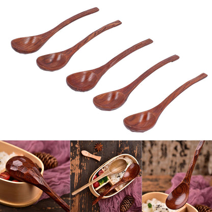 5pcs Wooden Spoon Non Slip Slow Heat Conduction Table Spoon with Long Handle for Cooking Stirring Hot Soup