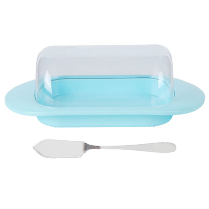 Round Edge Plastic Butter Storage Box Cheese Dessert Bread Server Keeper with Transparent Cover KnifeBlue