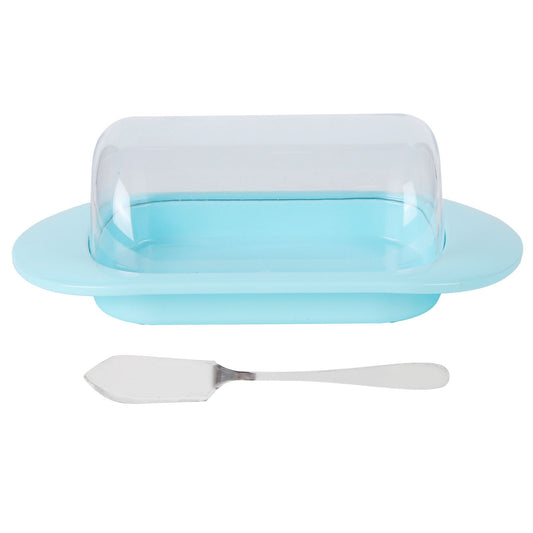 Round Edge Plastic Butter Storage Box Cheese Dessert Bread Server Keeper with Transparent Cover KnifeBlue