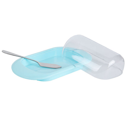 Round Edge Plastic Butter Storage Box Cheese Dessert Bread Server Keeper with Transparent Cover KnifeBlue