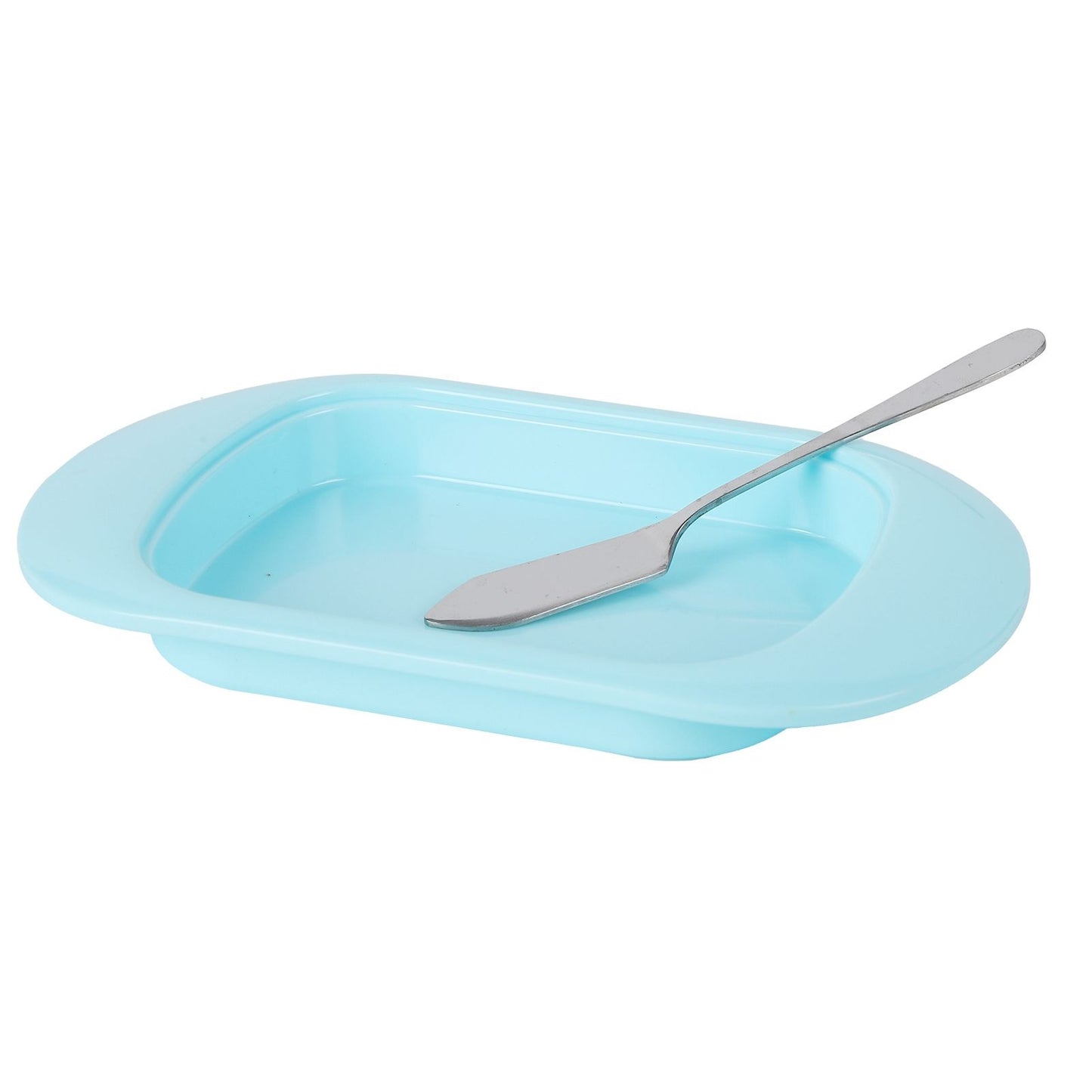 Round Edge Plastic Butter Storage Box Cheese Dessert Bread Server Keeper with Transparent Cover KnifeBlue