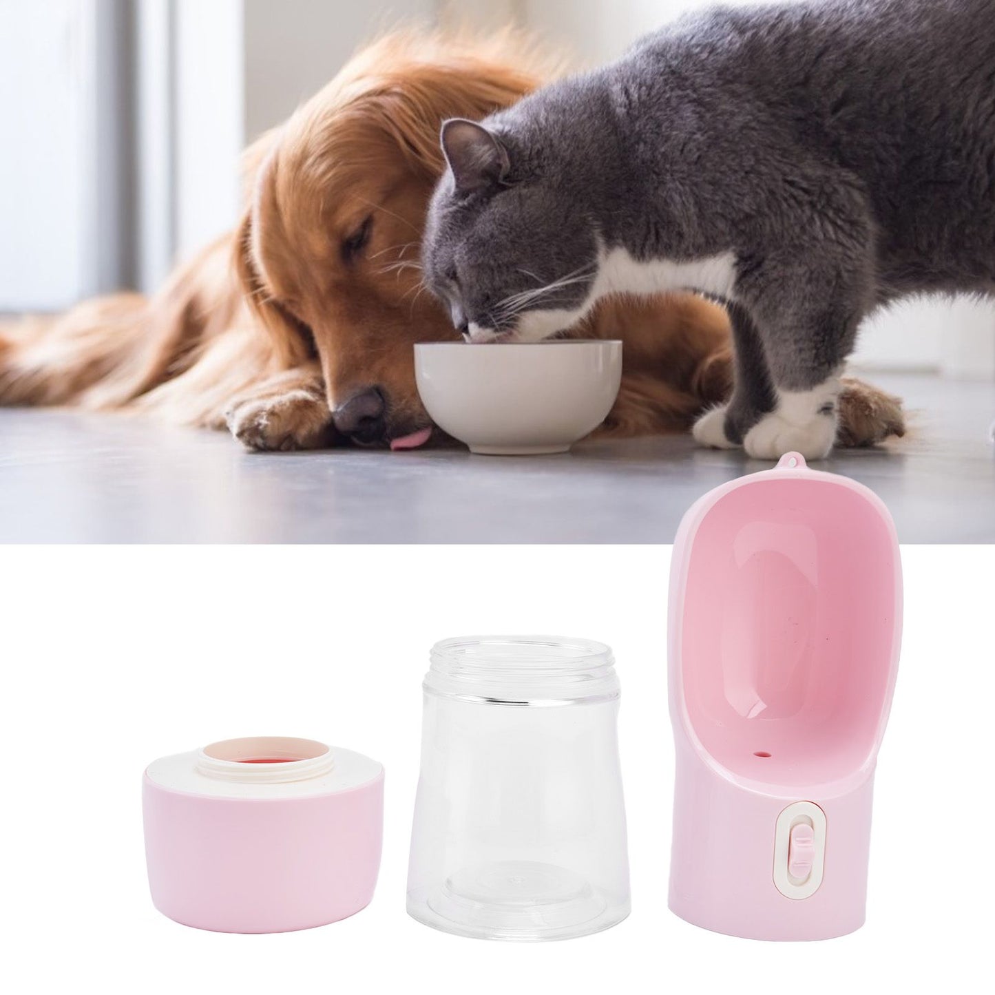 2 in 1 Pet Water Bottle Portable Anti Leakage Dog Food Bottler for Outdoor TravelingPink