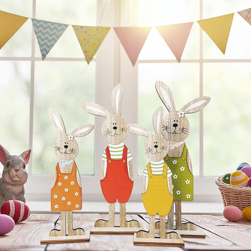 Easter Bunny Tabletop Decoration Cute Wooden Rabbit Figurines Ornament for Home Garden