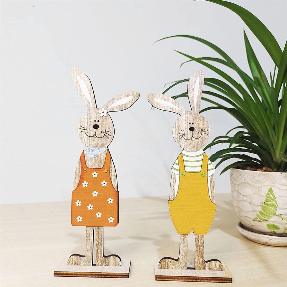 Easter Bunny Tabletop Decoration Cute Wooden Rabbit Figurines Ornament for Home Garden