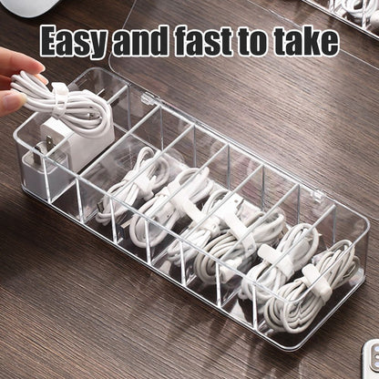 8 Grids Clear Plastic Cable Storage Box Data Cable Storage Container Save Space Cable Management Box for Storing Earrings Rings and Data Cables