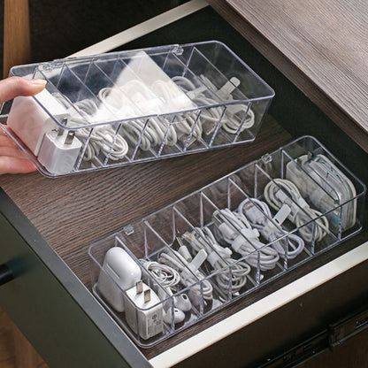 8 Grids Clear Plastic Cable Storage Box Data Cable Storage Container Save Space Cable Management Box for Storing Earrings Rings and Data Cables