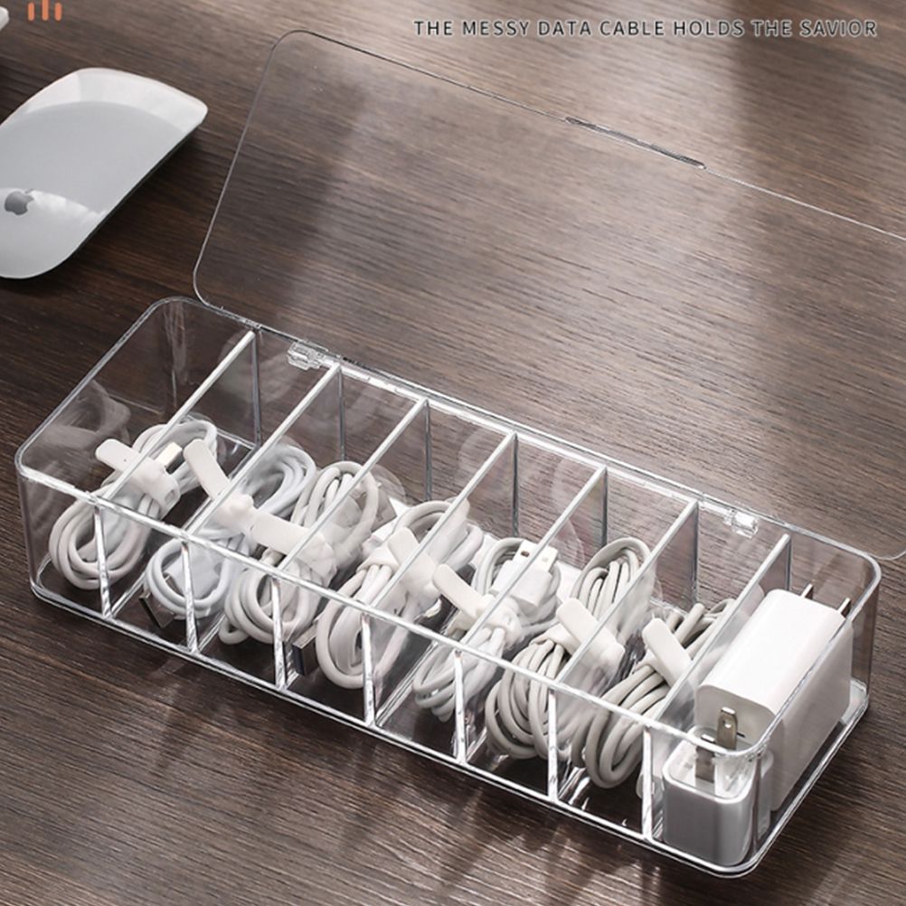 8 Grids Clear Plastic Cable Storage Box Data Cable Storage Container Save Space Cable Management Box for Storing Earrings Rings and Data Cables