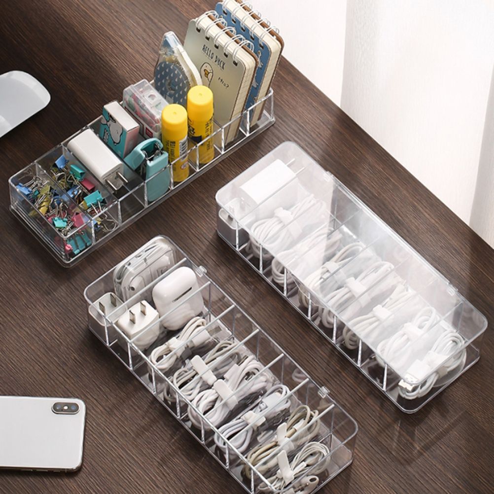 8 Grids Clear Plastic Cable Storage Box Data Cable Storage Container Save Space Cable Management Box for Storing Earrings Rings and Data Cables