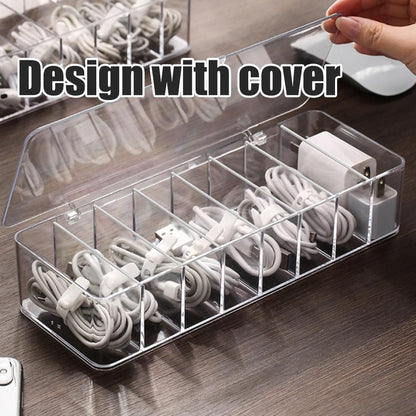 8 Grids Clear Plastic Cable Storage Box Data Cable Storage Container Save Space Cable Management Box for Storing Earrings Rings and Data Cables