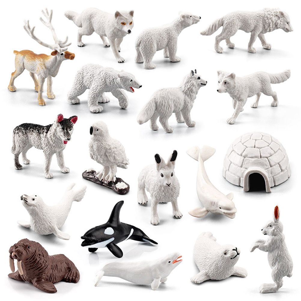 18PCS Polar Arctic Animal Toy Figurines Set Includes White Wolf White Owl White Arctic Rabbit Arctic Husky and Igloo Simulation Animal Model Gift for Kids