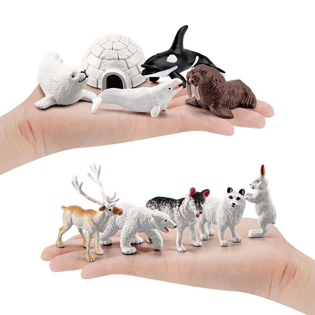 18PCS Polar Arctic Animal Toy Figurines Set Includes White Wolf White Owl White Arctic Rabbit Arctic Husky and Igloo Simulation Animal Model Gift for Kids