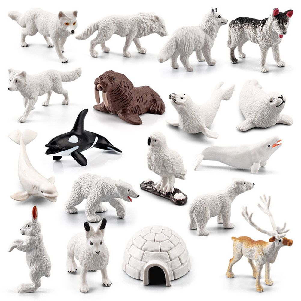 18PCS Polar Arctic Animal Toy Figurines Set Includes White Wolf White Owl White Arctic Rabbit Arctic Husky and Igloo Simulation Animal Model Gift for Kids