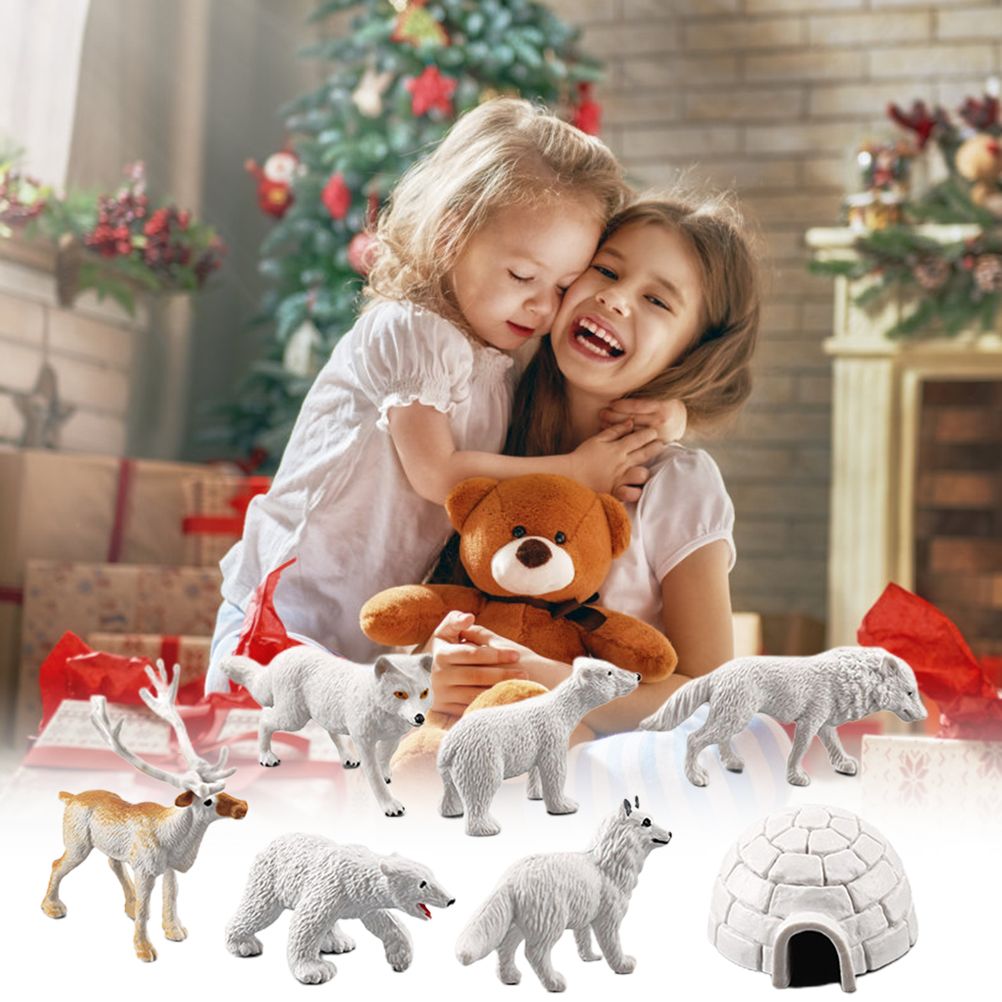 18PCS Polar Arctic Animal Toy Figurines Set Includes White Wolf White Owl White Arctic Rabbit Arctic Husky and Igloo Simulation Animal Model Gift for Kids