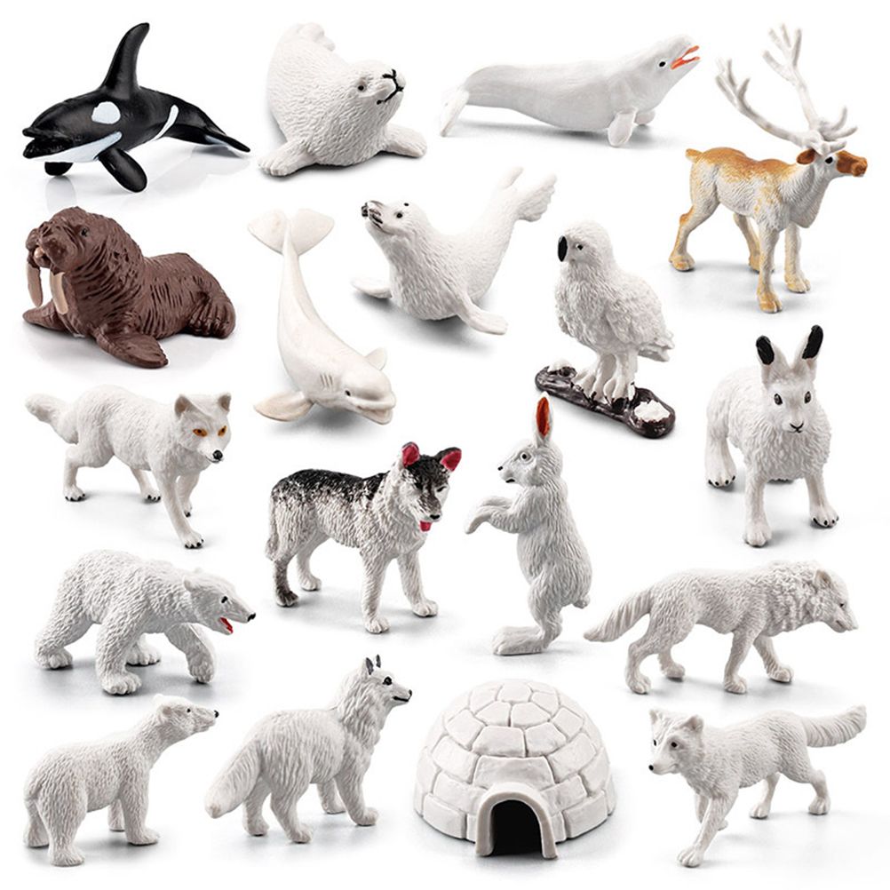 18PCS Polar Arctic Animal Toy Figurines Set Includes White Wolf White Owl White Arctic Rabbit Arctic Husky and Igloo Simulation Animal Model Gift for Kids