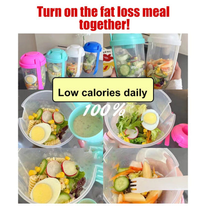 Fresh Salad Container Serving Cup with Dressing Container Fork Portable Plastic Food Storage Bottle for Picnic Lunch