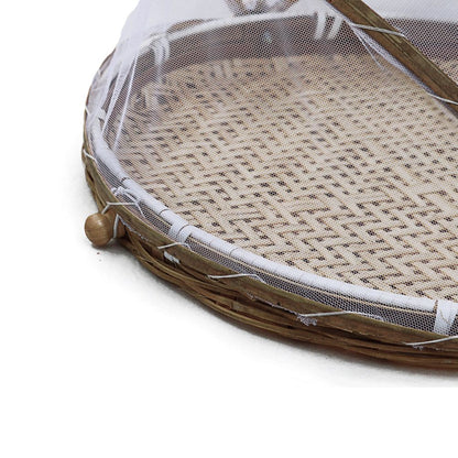 Covered Bamboo Serving Food Tent Basket Hand Woven Round Food Basket with Mesh Cover