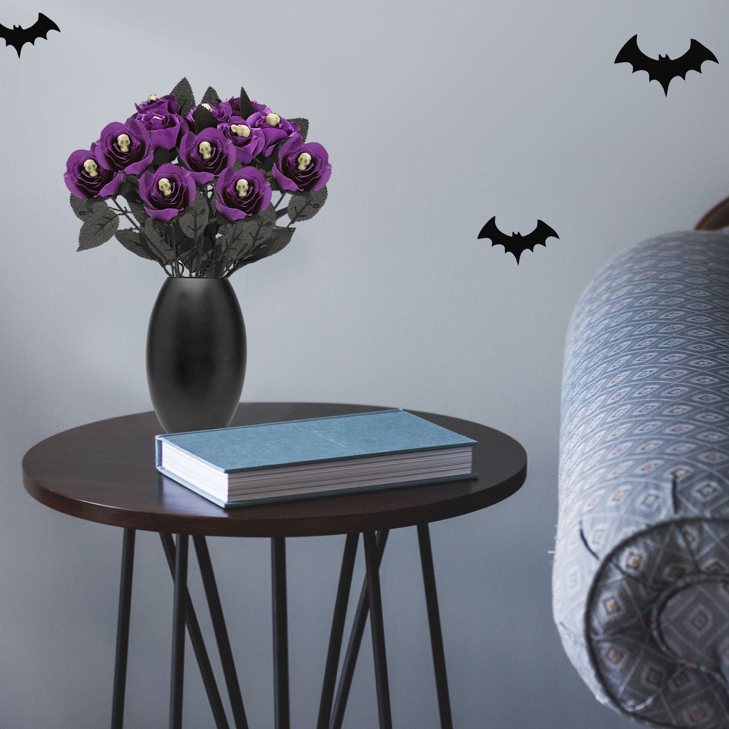 Artificial Rose Lifelike Decorative Bendable Fake Flower With Skull Head for Halloween Party Black