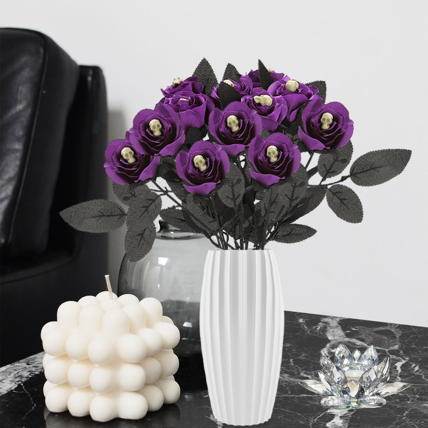 Artificial Rose Lifelike Decorative Bendable Fake Flower With Skull Head for Halloween Party Black
