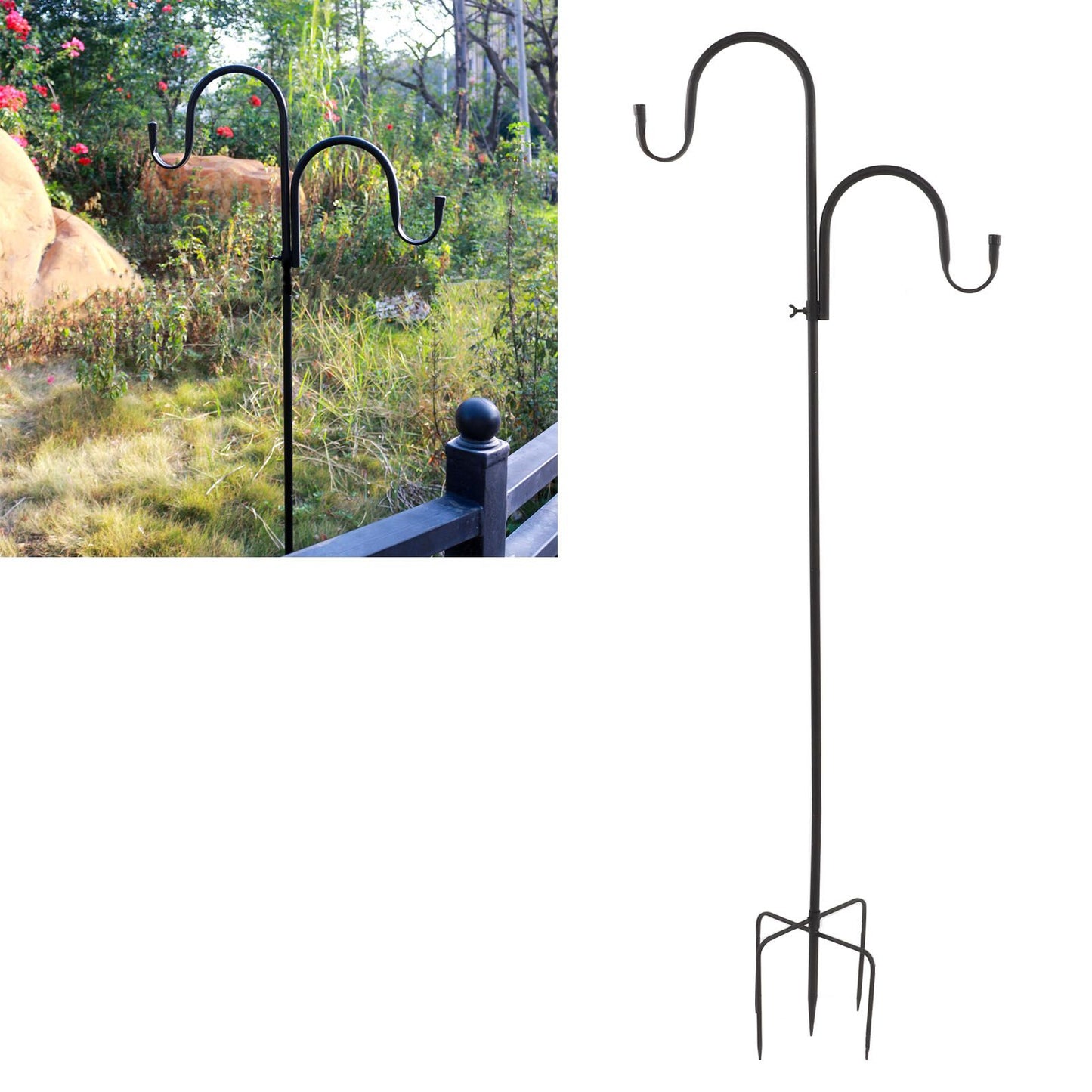 Shepherd's Hook Detachable Bird Feeder Hanger Iron 2 Hooks 5 Prong Bases Courtyard Accessories