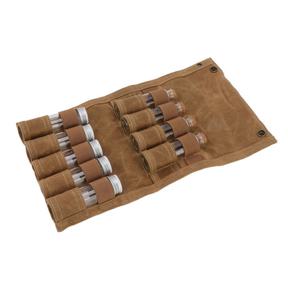 Spice Bottle Bag Wet Wax Canvas Portable Seasoning Storage Bag with 9 Glass Seasoning Bottle for Outdoor Camping Khaki