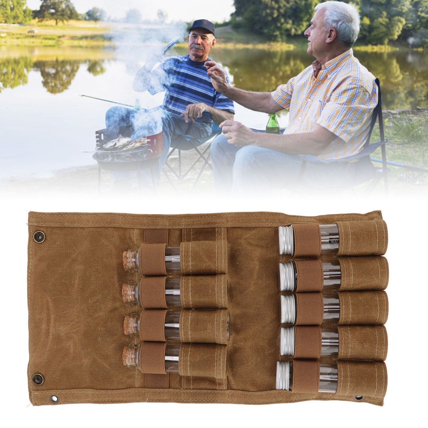 Spice Bottle Bag Wet Wax Canvas Portable Seasoning Storage Bag with 9 Glass Seasoning Bottle for Outdoor Camping Khaki
