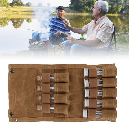Spice Bottle Bag Wet Wax Canvas Portable Seasoning Storage Bag with 9 Glass Seasoning Bottle for Outdoor Camping Khaki