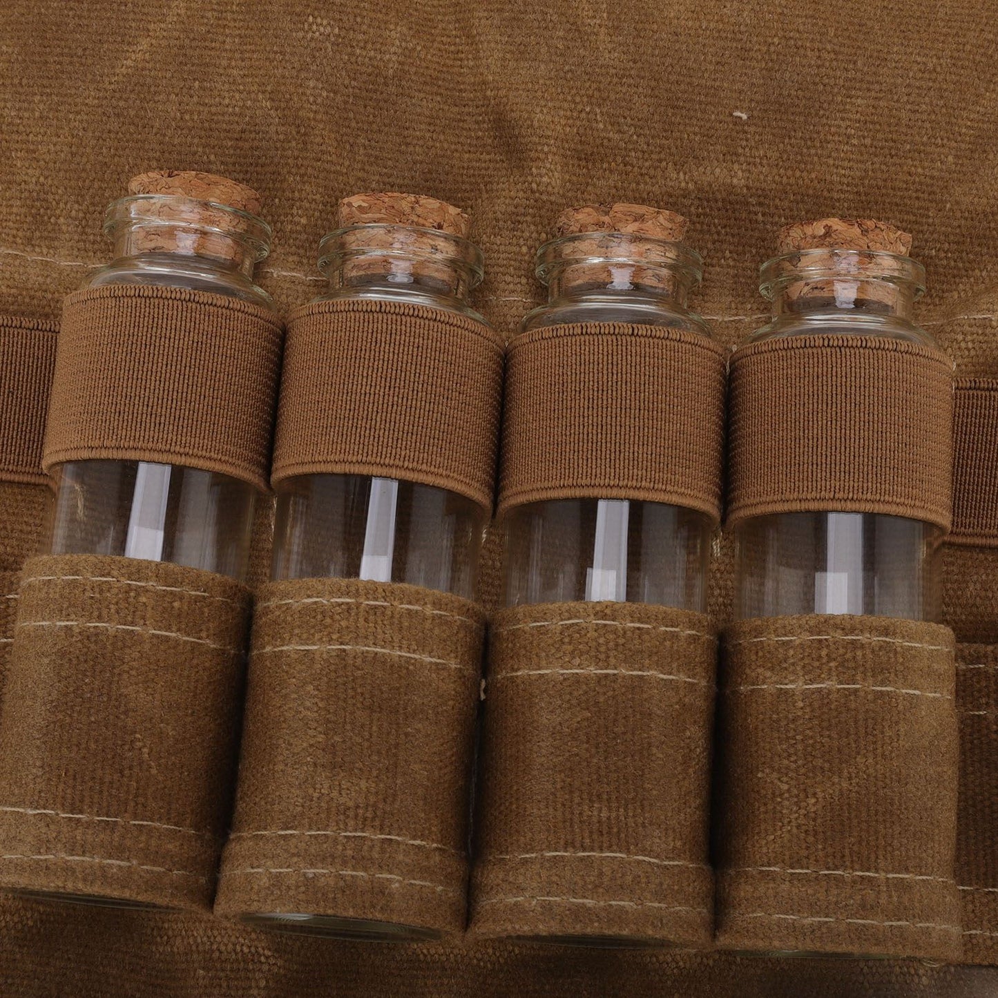 Spice Bottle Bag Wet Wax Canvas Portable Seasoning Storage Bag with 9 Glass Seasoning Bottle for Outdoor Camping Khaki