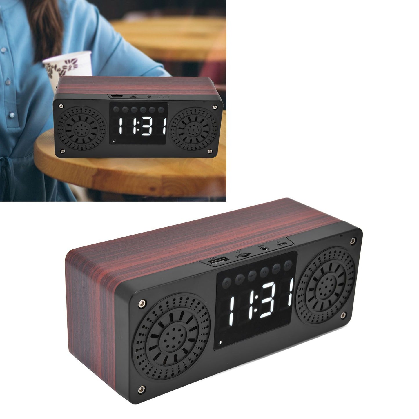 Speaker Red Double Speaker Digital Display Clock 360° Three Dimensional Surround Wooden Speaker Subwoofer