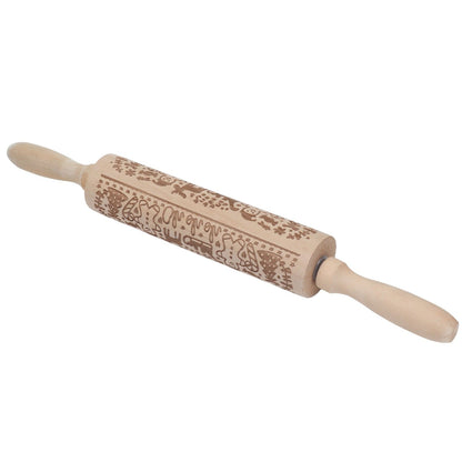 Rolling Pin Wooden Christmas Print Dough Roller Kitchen Tool for Pastries Pizza Biscuits Baking