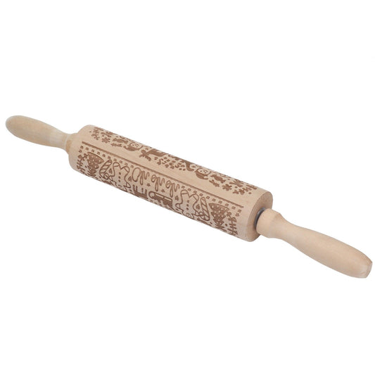 Rolling Pin Wooden Christmas Print Dough Roller Kitchen Tool for Pastries Pizza Biscuits Baking