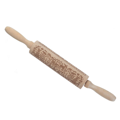 Rolling Pin Wooden Christmas Print Dough Roller Kitchen Tool for Pastries Pizza Biscuits Baking