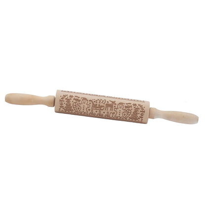Rolling Pin Wooden Christmas Print Dough Roller Kitchen Tool for Pastries Pizza Biscuits Baking