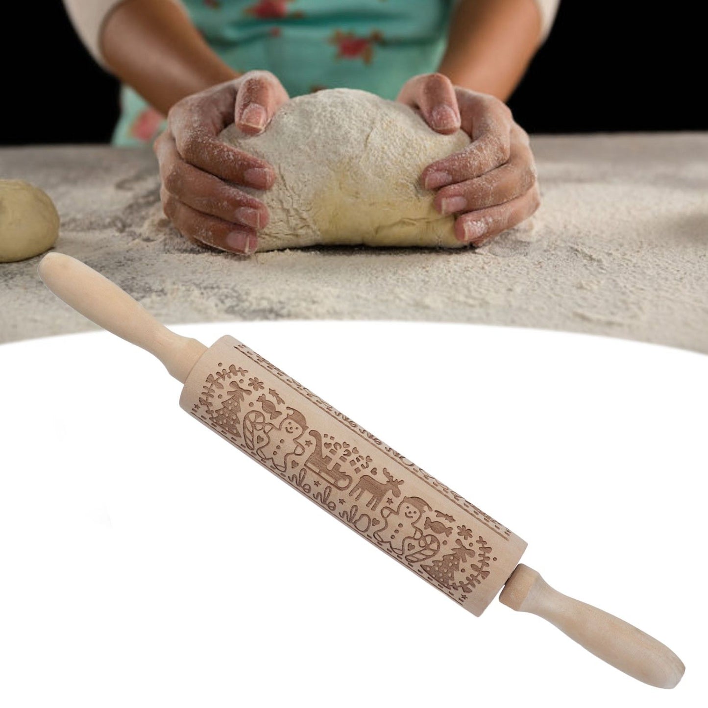 Rolling Pin Wooden Christmas Print Dough Roller Kitchen Tool for Pastries Pizza Biscuits Baking