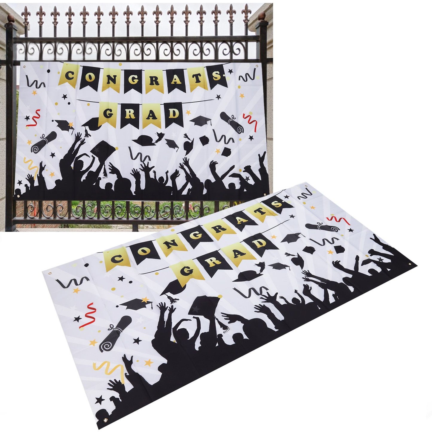 Graduation Banner Approx 71x38in Durable Polyester Fabric Fadeless Color 4 Eyelets Congrats Grad Banner for Graduation 005