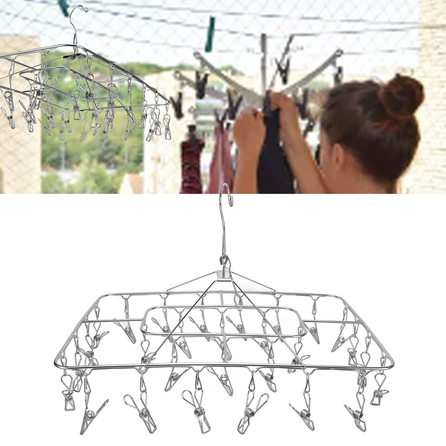 Clothes Drying Rack with 28 Clips Stainless Steel Laundry Drying Hanger for Socks Towels Bras Underwear