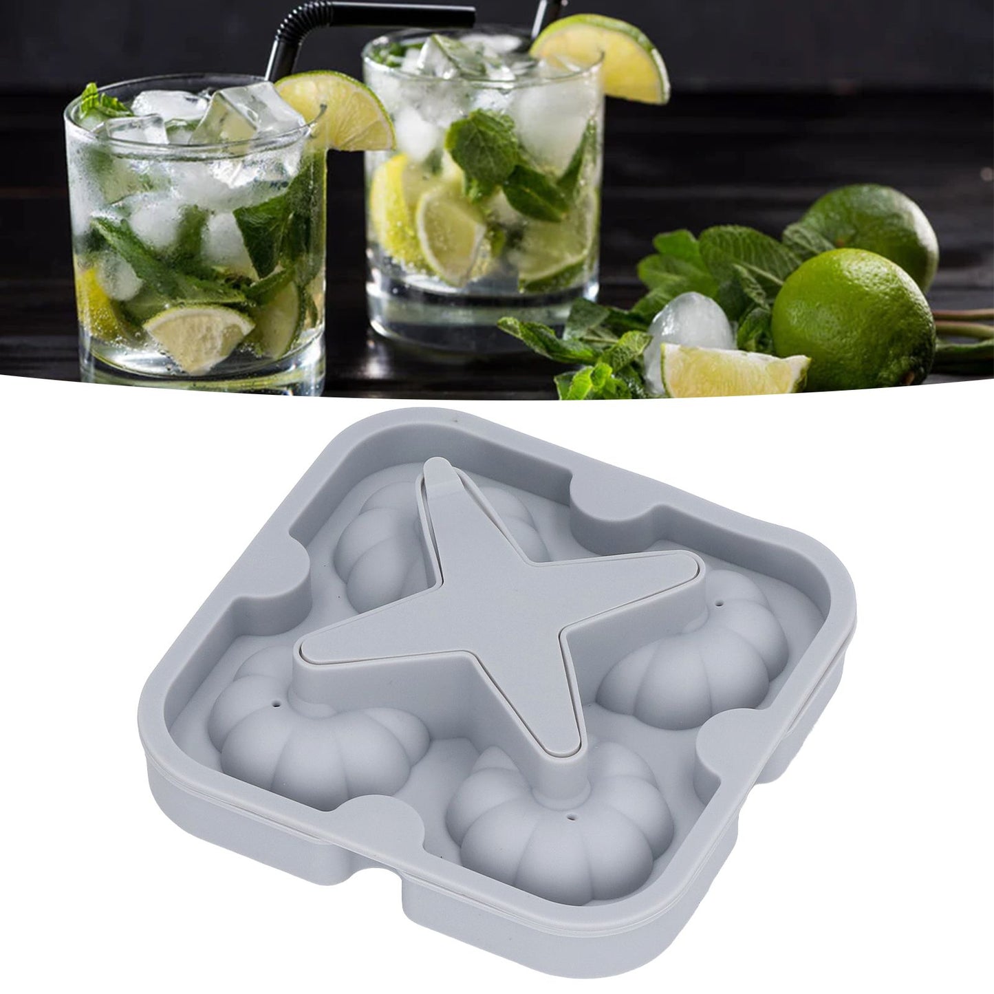 Pumpkin Ice Ball Mold 3D Pumpkin Shape Food Grade Silicone 4 Cells Easy Release Whiskey Ice Mold for Coffee Tea Cocktail Gray