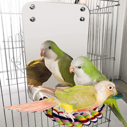 Bird Mirror Toy with Rope Mirror Perch Parrot Bite Toy Parrot Claw Perches Bird Cage Chew Toy