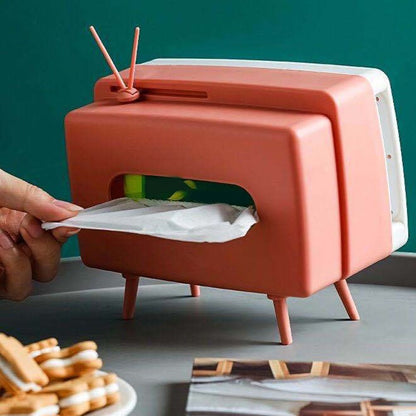 Retro Tissue Box Television Shaped Roll Paper Storage Container Built In Phone Holder