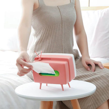 Retro Tissue Box Television Shaped Roll Paper Storage Container Built In Phone Holder