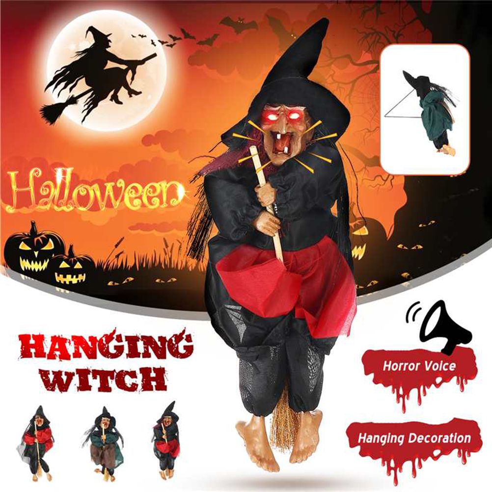 Halloween Hanging Witch Dolls Voice Control Prop Animated Ghost Scary Riding Broom Wall Hanging Party Outdoor Home Decoration Toy