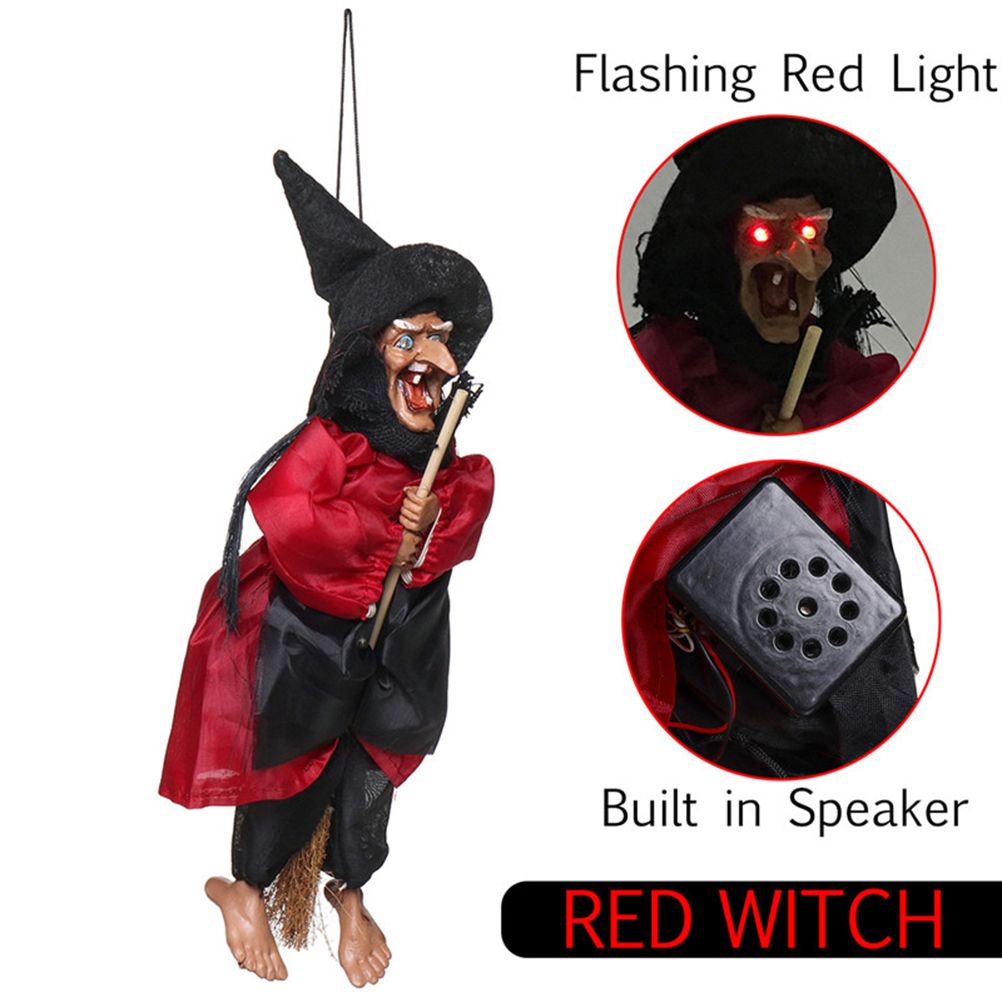 Halloween Hanging Witch Dolls Voice Control Prop Animated Ghost Scary Riding Broom Wall Hanging Party Outdoor Home Decoration Toy