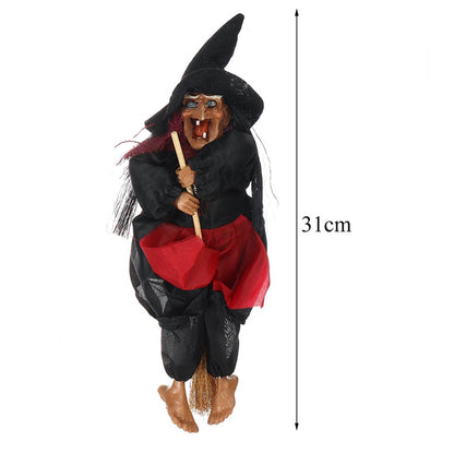 Halloween Hanging Witch Dolls Voice Control Prop Animated Ghost Scary Riding Broom Wall Hanging Party Outdoor Home Decoration Toy