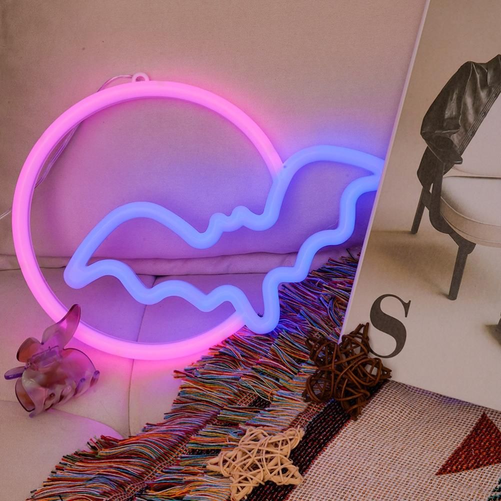 Halloween Neon Signs Moon and Bat LED Neon Lights USB Battery Powered Neon Light Sign for Wall Decor Room Bar Party Kids Gift