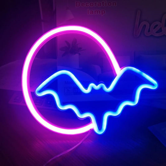Halloween Neon Signs Moon and Bat LED Neon Lights USB Battery Powered Neon Light Sign for Wall Decor Room Bar Party Kids Gift