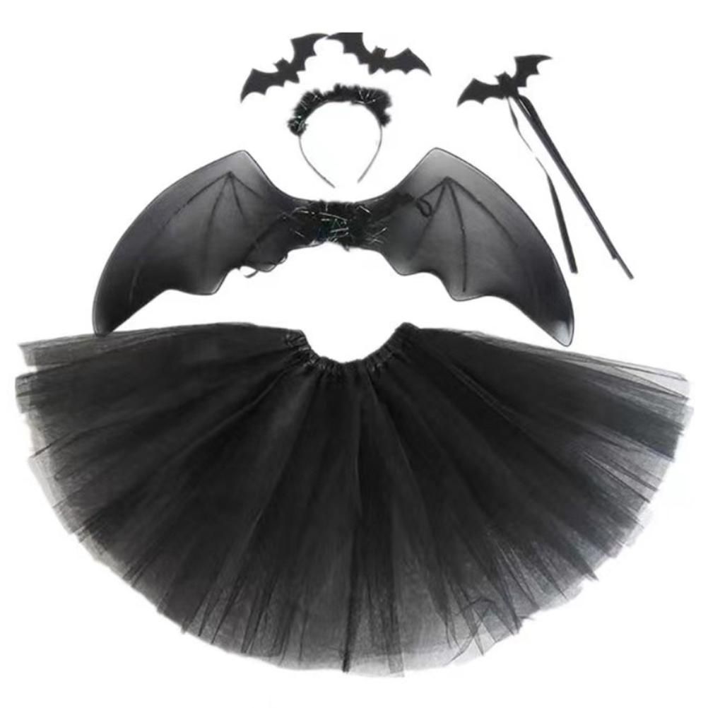 4Pcs Girls Halloween Cosplay Costume Dress Up Dress Black Mesh Skirt with Headband Bat Wing Wand Halloween Party Cosplay Props
