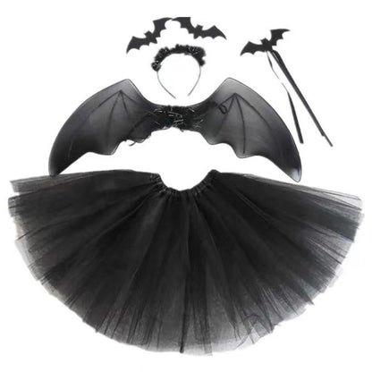 4Pcs Girls Halloween Cosplay Costume Dress Up Dress Black Mesh Skirt with Headband Bat Wing Wand Halloween Party Cosplay Props