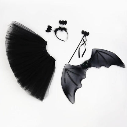 4Pcs Girls Halloween Cosplay Costume Dress Up Dress Black Mesh Skirt with Headband Bat Wing Wand Halloween Party Cosplay Props