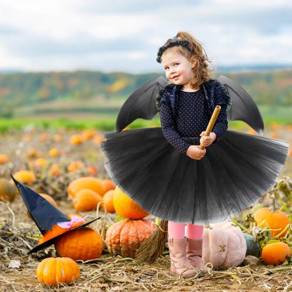 4Pcs Girls Halloween Cosplay Costume Dress Up Dress Black Mesh Skirt with Headband Bat Wing Wand Halloween Party Cosplay Props